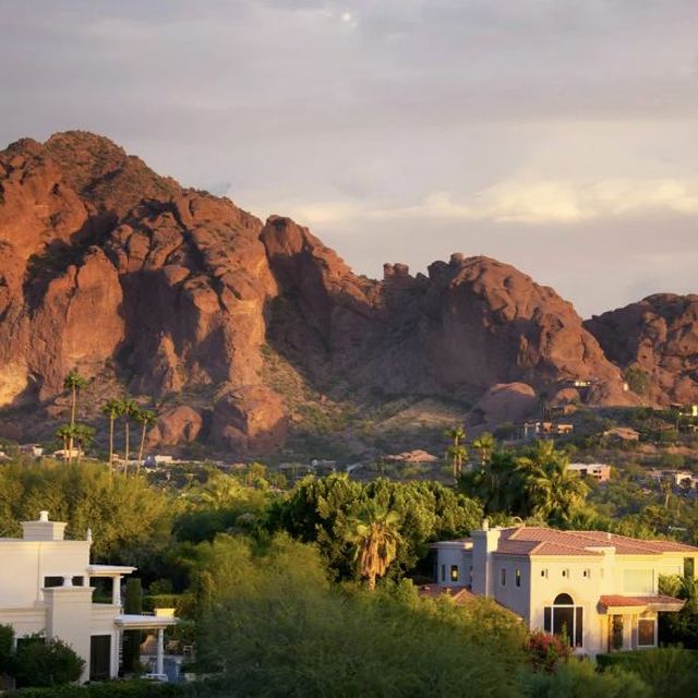 Camelback Mountain rising above Arcadia homes in Phoenix