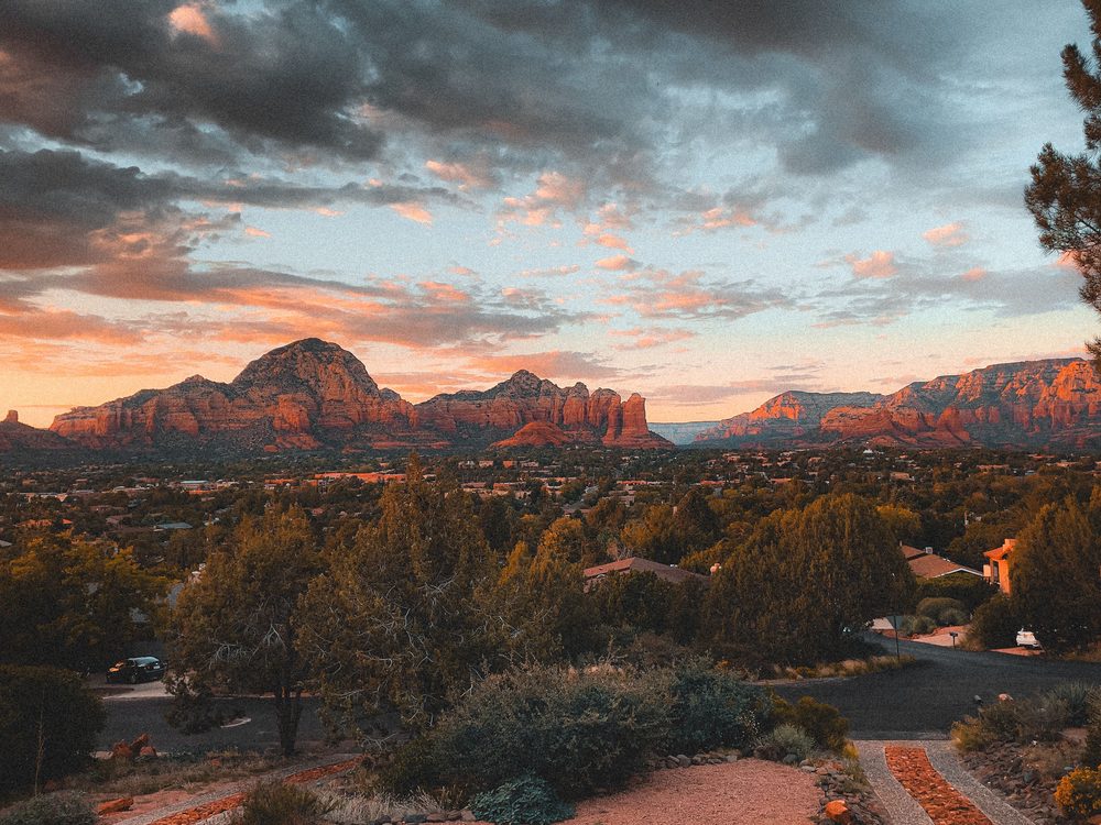 Red rock formations at sunset above Sedona, Arizona