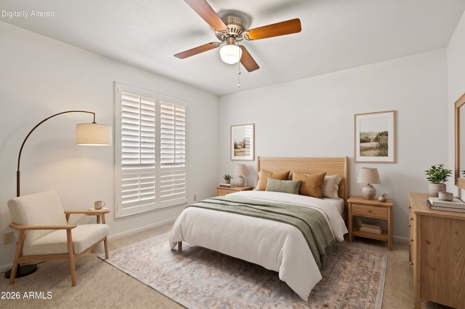 Bedroom, virtually staged with furniture and decor
