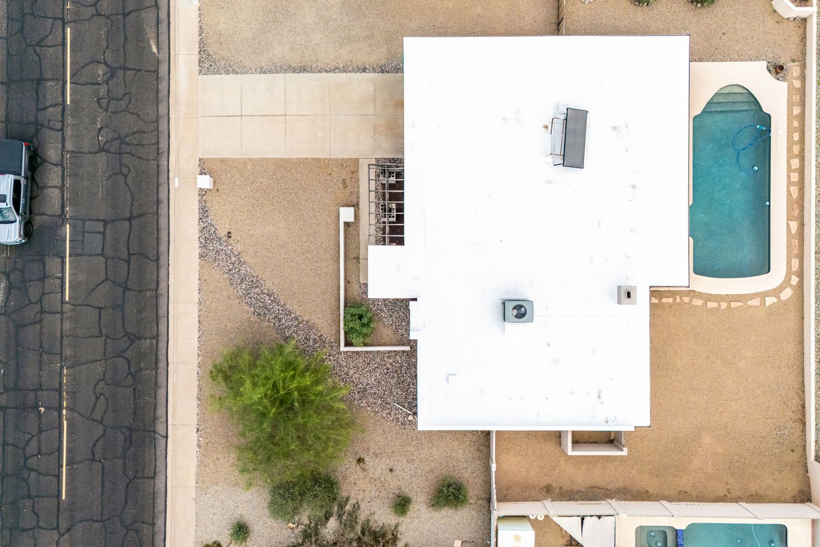 Overhead view of the home and lot