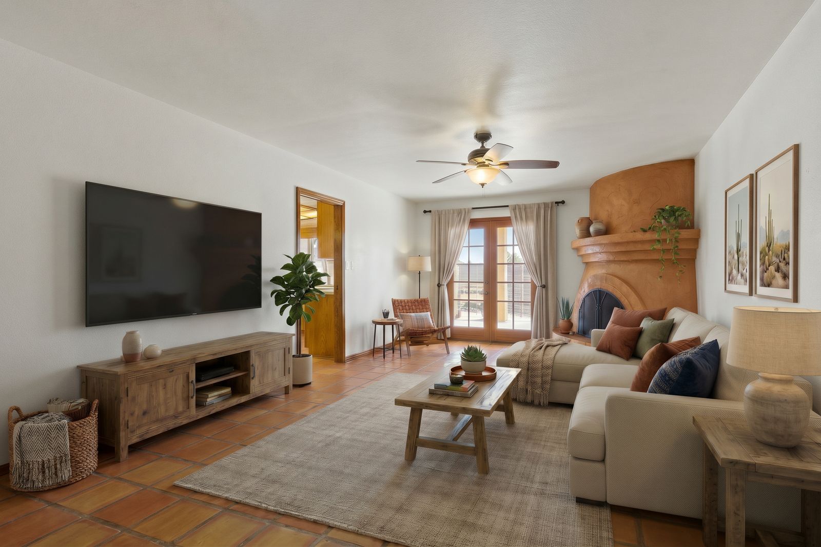 Family room, virtually staged with furniture and decor