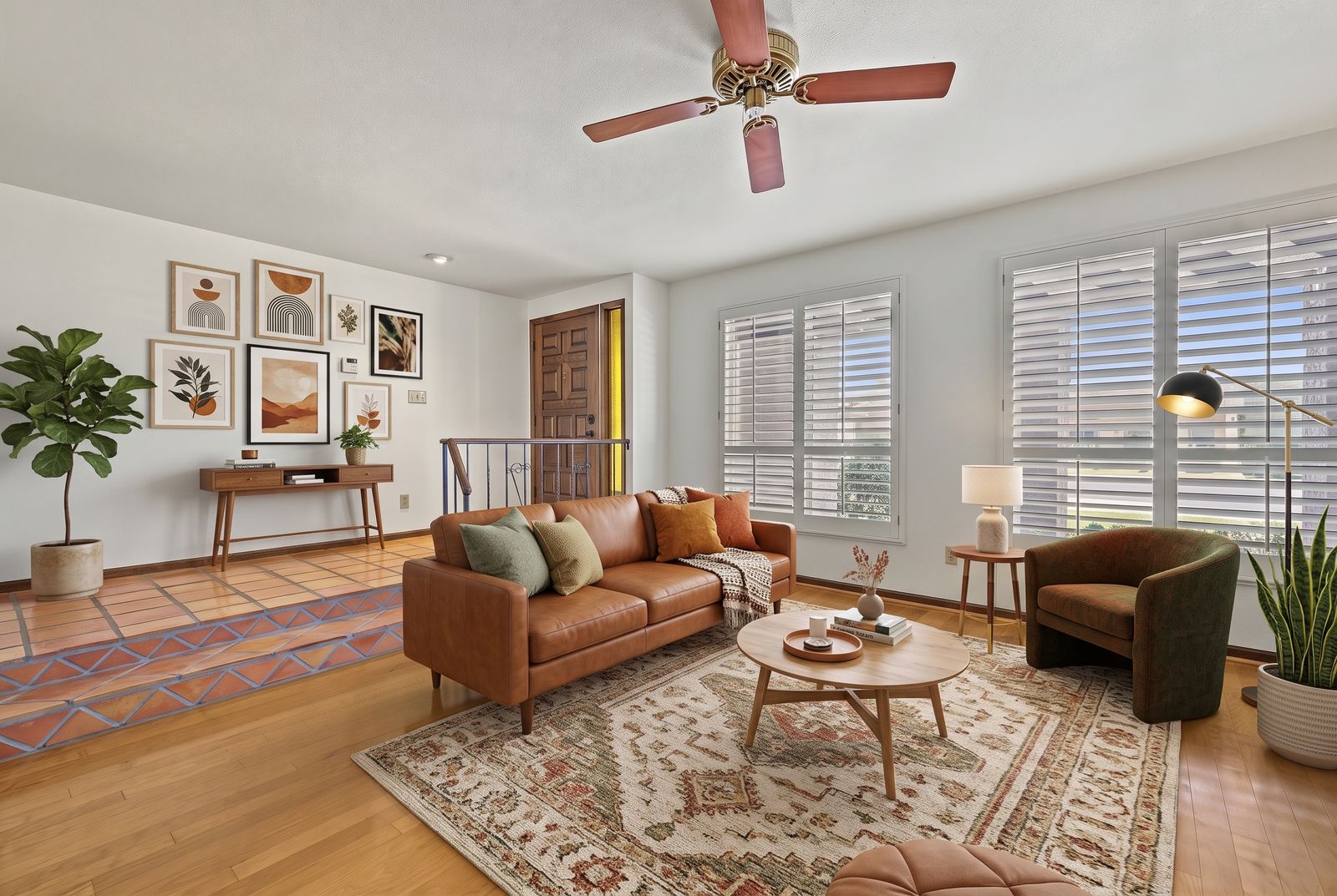 Living room, virtually staged with furniture and decor